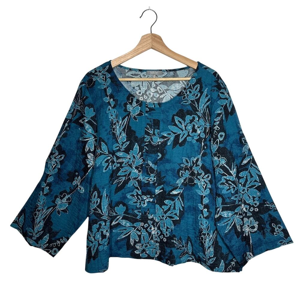 Habitat Floral Boxy Blouse Top Sz XXL Teal Blue Black Pleated Center 3/4 Sleeves